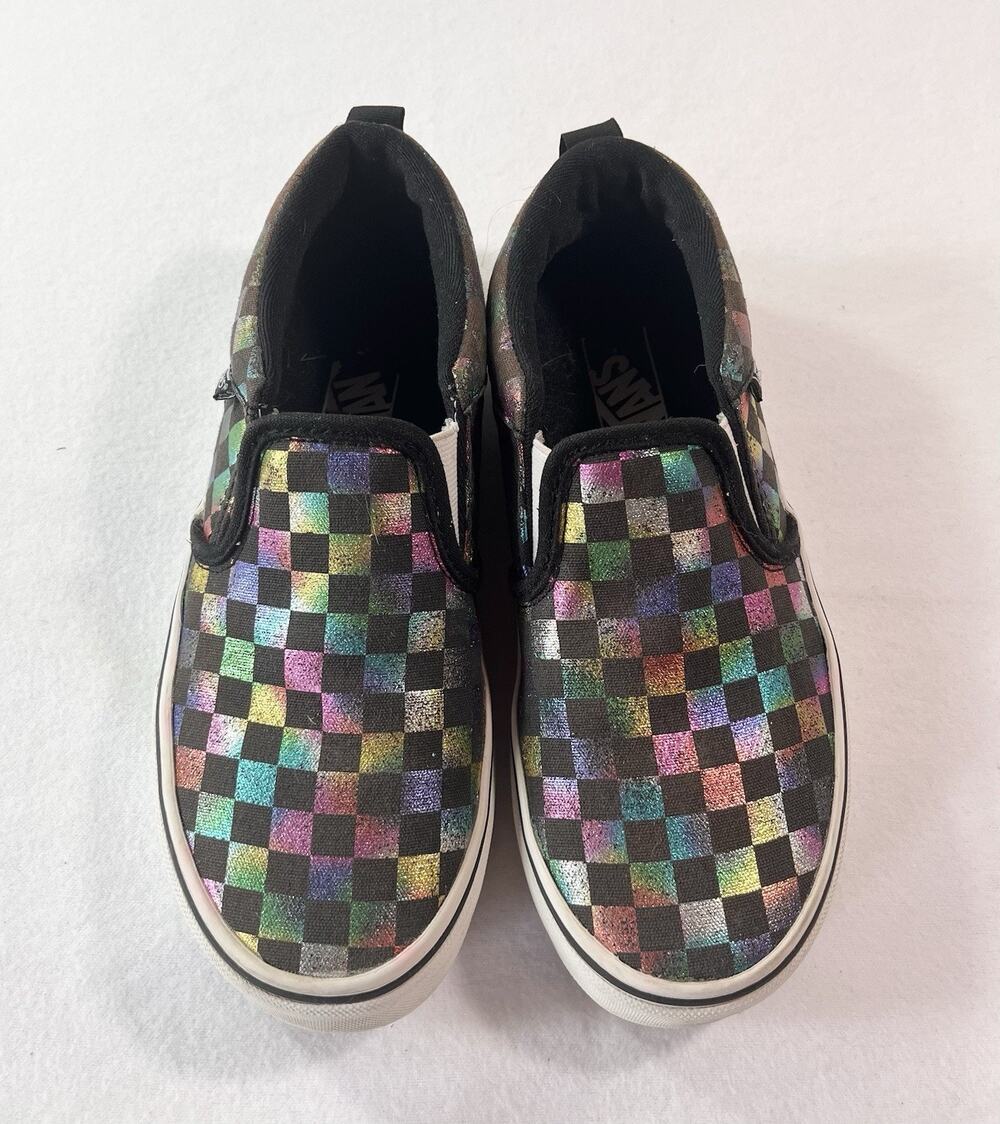 Vans Iridescent Metallic Checkerboard Slip On Skate Shoes, Kids Size 3